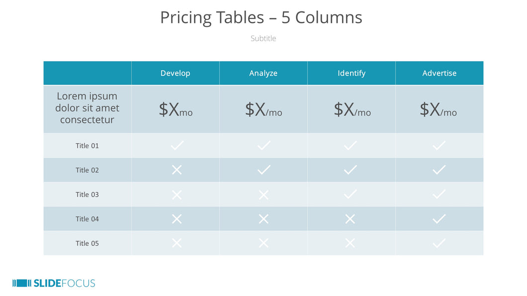 Pricing Tables 5 Columns