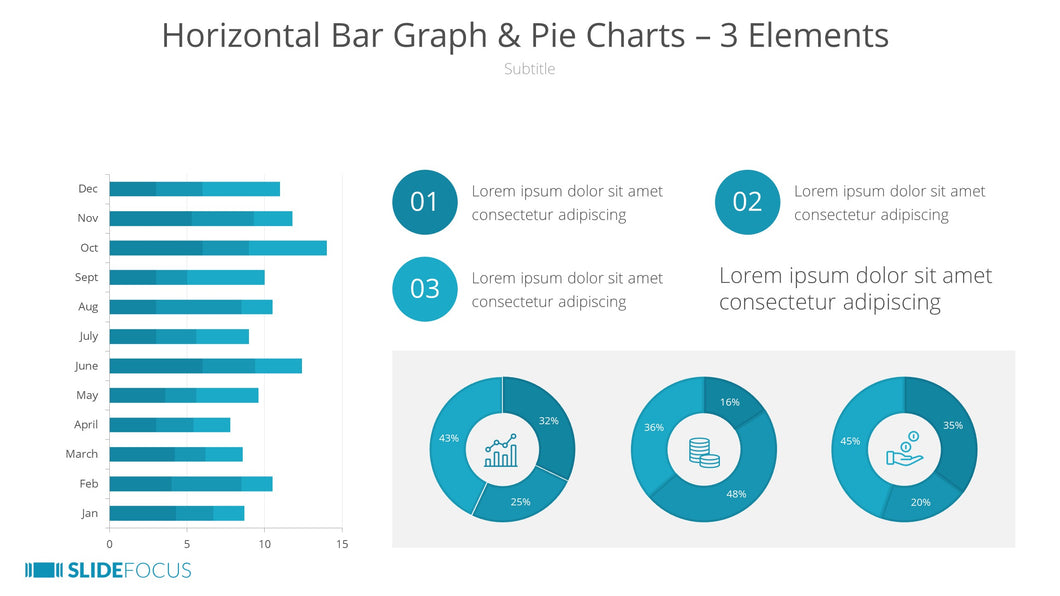 Horizontal Bar Graph Pie Charts 3 Elements